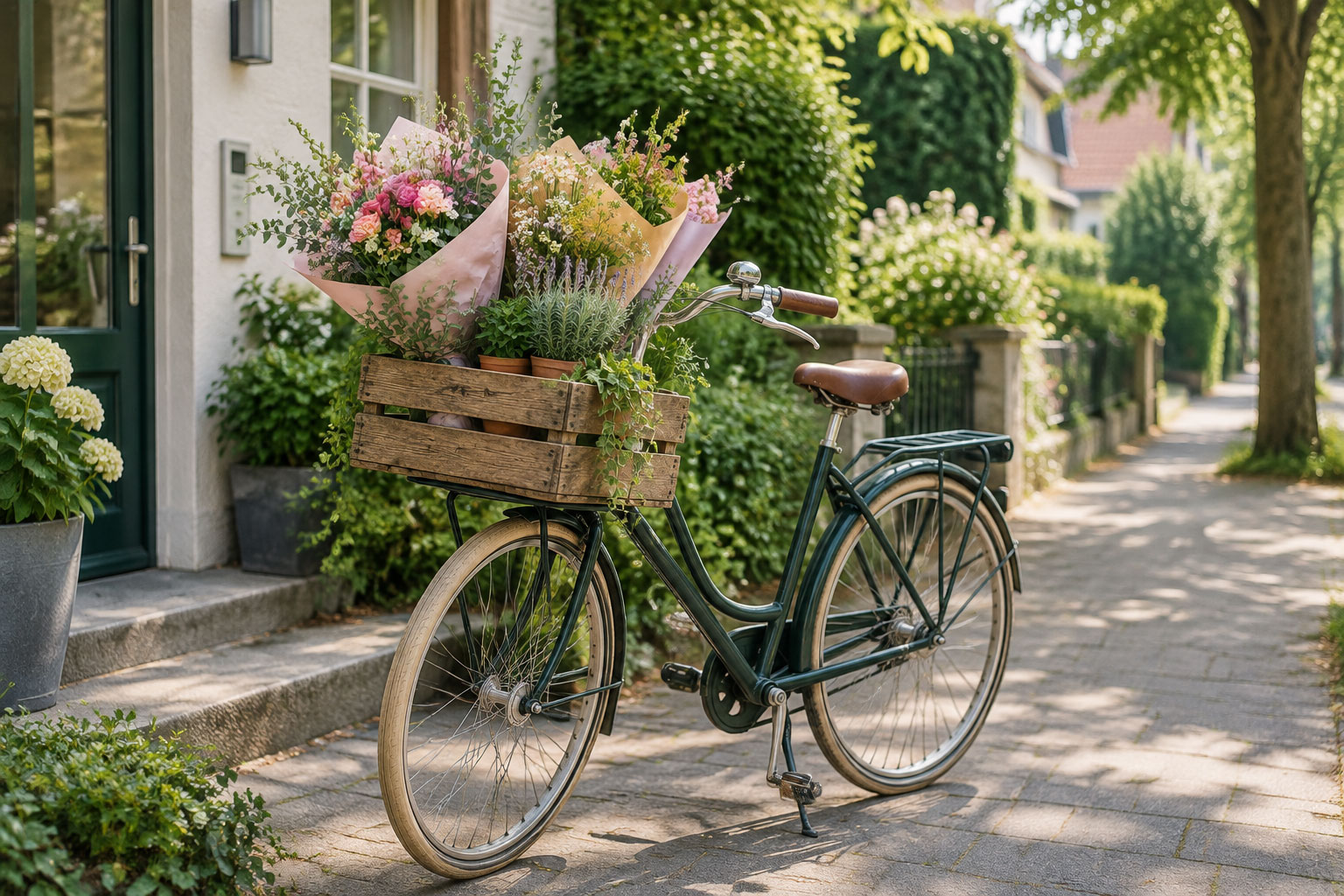 Dunkelgrünes Fahrrad mit Holzkiste voller frischer Blumen vor einem Praxiseingang